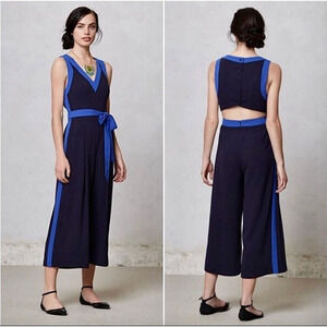 Anthropologie Elevenses Beca Blue Colorblock Cut Out Back Jumpsuit • Size 0 🗣